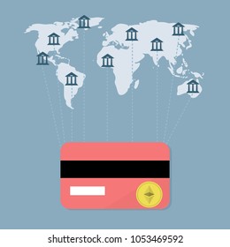 Affix of the ethereum to the card of payments. vector illustration, flat