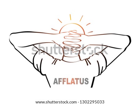Afflatus. Two hands with interlocked fingers. The bright head lies on the hands. Line drawing. Vector illustration.