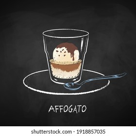 Affogato coffee glass isolated on black chalkboard background. Vector chalk drawn sideview grunge illustration.