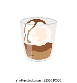 Affogato coffee in transparent glass cup. Italian dessert with scoop of gelato or ice cream topped with a shot of hot espresso. Colored flat vector illustration in isolated on white background.