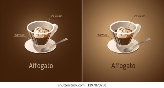 Affogato coffee. Vector isometric icon on dark brown and beige background. Coffee cup with ingredients of the drink