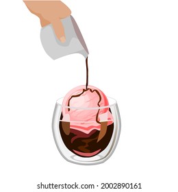 Affogato Ice Cream.This delectable espresso dessert features ice cream and a rich, smooth covering of espresso.Isolated vector illustration on a white background.