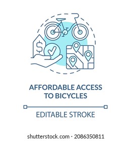 Acceso asequible al icono de concepto azul de bicicletas. Ilustración de línea delgada de idea abstracta de gol para uso compartido en bicicleta. Opción accesible. Oportunidad de bajo costo. Dibujo de color de contorno aislado del vector. Trazo editable