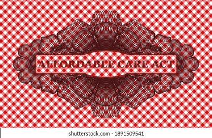 affordable care act text inside Linear red checkered tablecloth badge. Restaurant fashionable background. Illustration. 