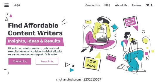 Affordable content writers, insights and ideas, results and help to your business. Workers with daily support and assistance, low price. Website landing page, internet site. Vector in flat style