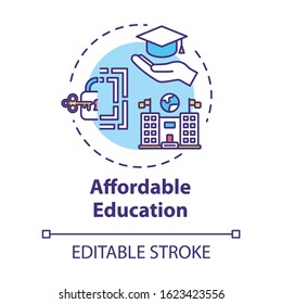 Affordable education concept icon. Student loan. Cheap university. Scholarship, mortrage. Accessible learning idea thin line illustration. Vector isolated outline RGB color drawing. Editable stroke