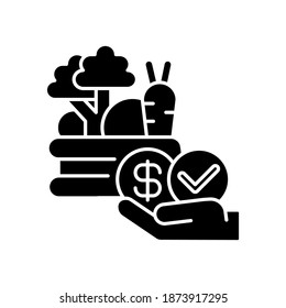 Affordable food black glyph icon. Farmer market. Income from agribusiness. Sell vegetable. Healthy veggies to buy. Agricultural business. Silhouette symbol on white space. Vector isolated illustration