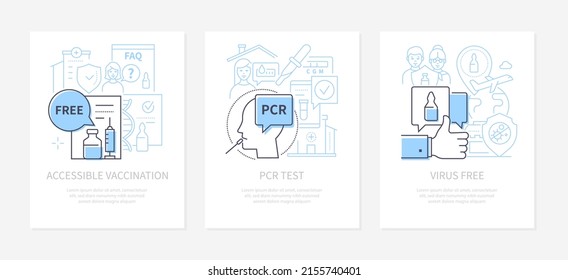 Affordable Free Vaccinations - Line Design Style Banners Set In Blue Color With Place For Text. PCR Test, Contagious Virus, Health Care, Medical Care, Contagious Disease. Epidemic Protection Idea