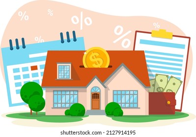  Affordable Home Loan, Building Financing, Home Mortgage. Buying A House On Credit. The Concept Of Mortgage Lending. Stock Vector Illustration.