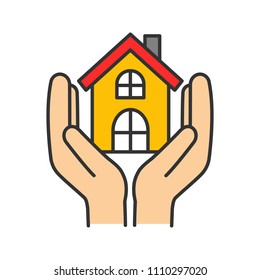 Affordable housing color icon. Shelter for homeless. Real estate insurance. Hands holding house. Isolated vector illustration