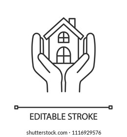 Affordable Housing Linear Icon. Shelter For Homeless. Real Estate Insurance. Thin Line Illustration. Hands Holding House. Contour Symbol. Vector Isolated Outline Drawing. Editable Stroke