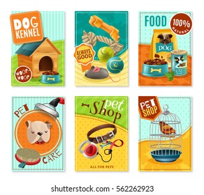 Affordable pet care store advertisement 6 mini banners collection with healthy food and accessories isolated vector illustration 