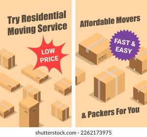 Affordable prices, easy and fast packers for you. Try residential moving service. Transportation of personal belongings. Assistance from professional movers. Vector in flat style illustration