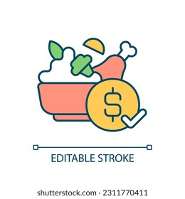 Affordable restaurant dish RGB color icon. Dine out on budget. Pricing strategy. Eating out cheap and tasty. Isolated vector illustration. Simple filled line drawing. Editable stroke. Arial font used