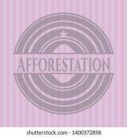 Afforestation badge with pink background. Vector Illustration. Detailed.