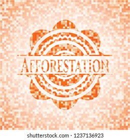 Afforestation orange tile background illustration. Square geometric mosaic seamless pattern with emblem inside.