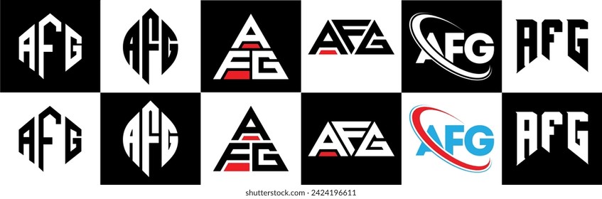 AFG letter logo design in six style. AFG polygon, circle, triangle, hexagon, flat and simple style with black and white color variation letter logo set in one artboard. AFG minimalist and classic logo