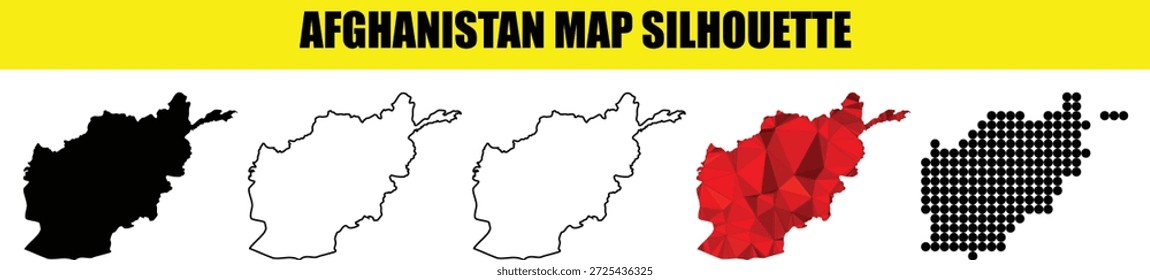 Colección de mapa de país afgano con silueta negra, triángulos geométricos rojos de relleno blanco y matriz de puntos circular para proyectos educativos e ilustraciones cartográficas de informes de noticias