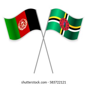 Afghan and Dominican crossed flags. Afghanistan combined with Dominica isolated on white. Language learning, international business or travel concept.