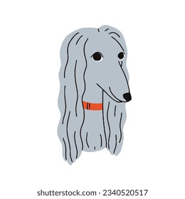 Raza de perrito afgano, lindo avatar de perro. Cara graciosa de cachorro, retrato de cabeza. Perro adorable con abrigo largo. Rompecabezas de las crías del compañero de casa. Ilustración vectorial gráfica plana aislada en fondo blanco