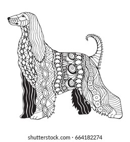 Zentangle perrito afgano estilizado, vectorial, ilustración, lápiz de mano libre, patrón. Dibujo en blanco y negro sobre fondo blanco. Libro de colorantes adultos anti-estrés.