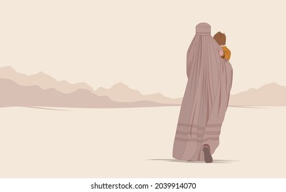An Afghan woman in a burqa or burka with a child walks through the desert in search of freedom. Flight from the war. Refugee poster concept. Save the women of the east from violence and terrorism 