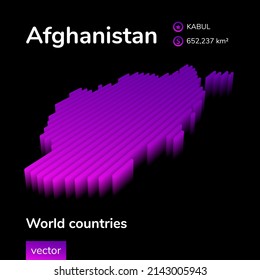 Afghanistan 3D map. Stylized striped isometric neon vector map of Afghanistan is in violet and pink colors on black background
