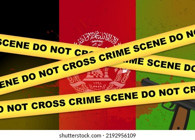Afghanistan armed attack vector banner, shooting news concept, armed assault with gun and blood stain on Afghanistan flag, yellow police tape, crime scene composition, top view, flat design