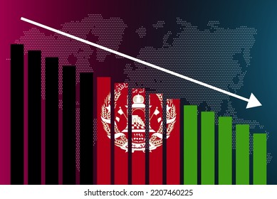 Afghanistan bar chart graph, decreasing values, crisis and downgrade concept, Afghanistan flag on bar graph, down arrow on data, news banner idea, fail and decrease, financial statistic