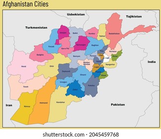 Afghanistan Cities Color Vector Map Stock Vector (Royalty Free) 2045459768