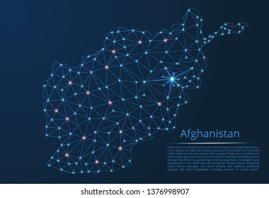 Afghanistan communication network map. Vector low poly image of a global map with lights in the form of cities in or population density consisting of points and shapes in the form of stars and space.