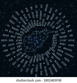 Afghanistan digital map. Binary rays radiating around glowing country. Internet connections and data exchange design. Vector illustration.