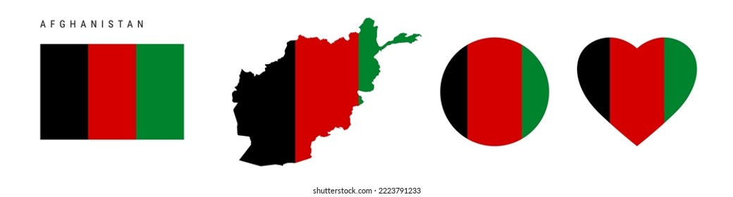 Afghanistan flag icon set. Afghan pennant in official colors and proportions. Rectangular, map-shaped, circle and heart-shaped. Flat vector illustration isolated on white.
