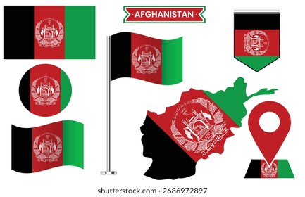 Afghanistan Flag Icon Set, Vektorkarte, Badge, Pin Wave Flag Collection