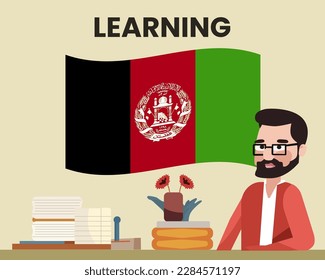 Afghanistan flag with a male teacher, learning or teaching Afghanistan language, bearded man with glasses and country flag vector design, language school concept