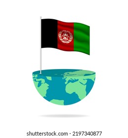 Afghanistan flag pole on globe. Flag waving around the world. Easy editing and vector in groups. National flag vector illustration on white background.