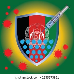 Afghanistan flag in a protect symbol, Syringe with blue antivirus and around of red virus. Concepts save a country from Covid virus.