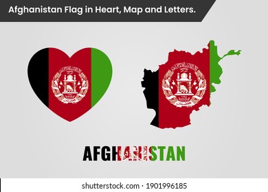 El vector de la bandera de Afganistán en el mapa de forma cardíaca y las letras
