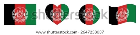 Afghanistan flags set in square, heart, circle and waving formats designs element. Afghanistan flags collection. Set of Afghanistan flags icons isolated on white background. Vector illustration.