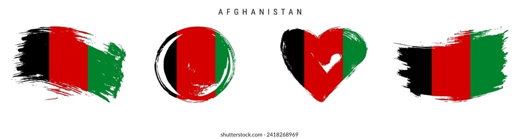 Afghanistan hand drawn grunge style flag icon set. Afghan banner in official colors. Free brush stroke shape, circle and heart-shaped. Flat vector illustration isolated on white.
