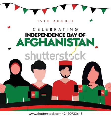 Afghanistan Independence day background, post. 19th August Afghan independence day celebration banner with Afghan people holding their flags, hanging flags and abstract art decor in its flag colours.