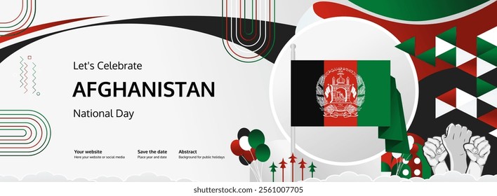 Afghanistan Independence Day greeting banner concept. August 19th is celebrated as Afghanistan National Day. Vibrant template with flag and raised fist, great for national holiday poster.