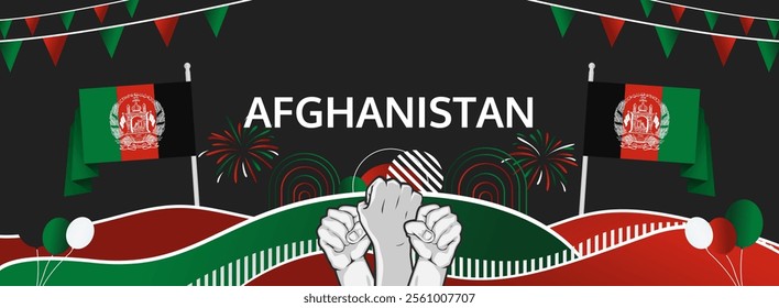 Afghanistan Independence Day greeting banner concept. August 19th is celebrated as Afghanistan National Day. Vibrant template with flag and raised fist, great for national holiday poster.