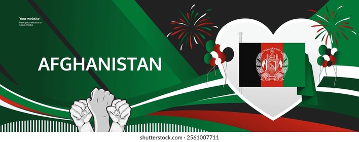 Afghanistan Independence Day greeting banner concept. August 19th is celebrated as Afghanistan National Day. Vibrant template with flag and raised fist, great for national holiday poster.