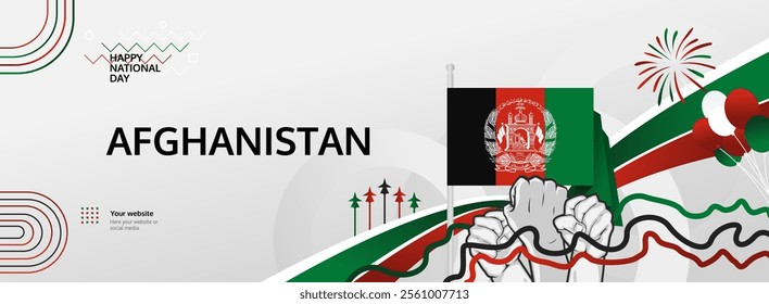 Afghanistan Independence Day greeting banner concept. August 19th is celebrated as Afghanistan National Day. Vibrant template with flag and raised fist, great for national holiday poster.