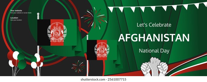 Afghanistan Independence Day greeting banner concept. August 19th is celebrated as Afghanistan National Day. Vibrant template with flag and raised fist, great for national holiday poster.