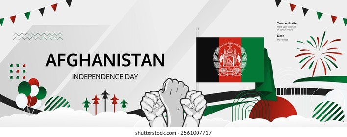 Afghanistan Independence Day greeting banner concept. August 19th is celebrated as Afghanistan National Day. Vibrant template with flag and raised fist, great for national holiday poster.