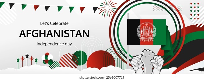 Afghanistan Independence Day greeting banner concept. August 19th is celebrated as Afghanistan National Day. Vibrant template with flag and raised fist, great for national holiday poster.