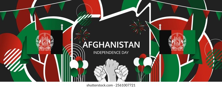 Afghanistan Independence Day greeting banner concept. August 19th is celebrated as Afghanistan National Day. Vibrant template with flag and raised fist, great for national holiday poster.