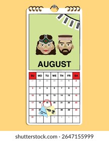 Afghanistan Independence Day reminder on August 19th in a wall calendar with illustrative people wearing the nation's traditional attire.